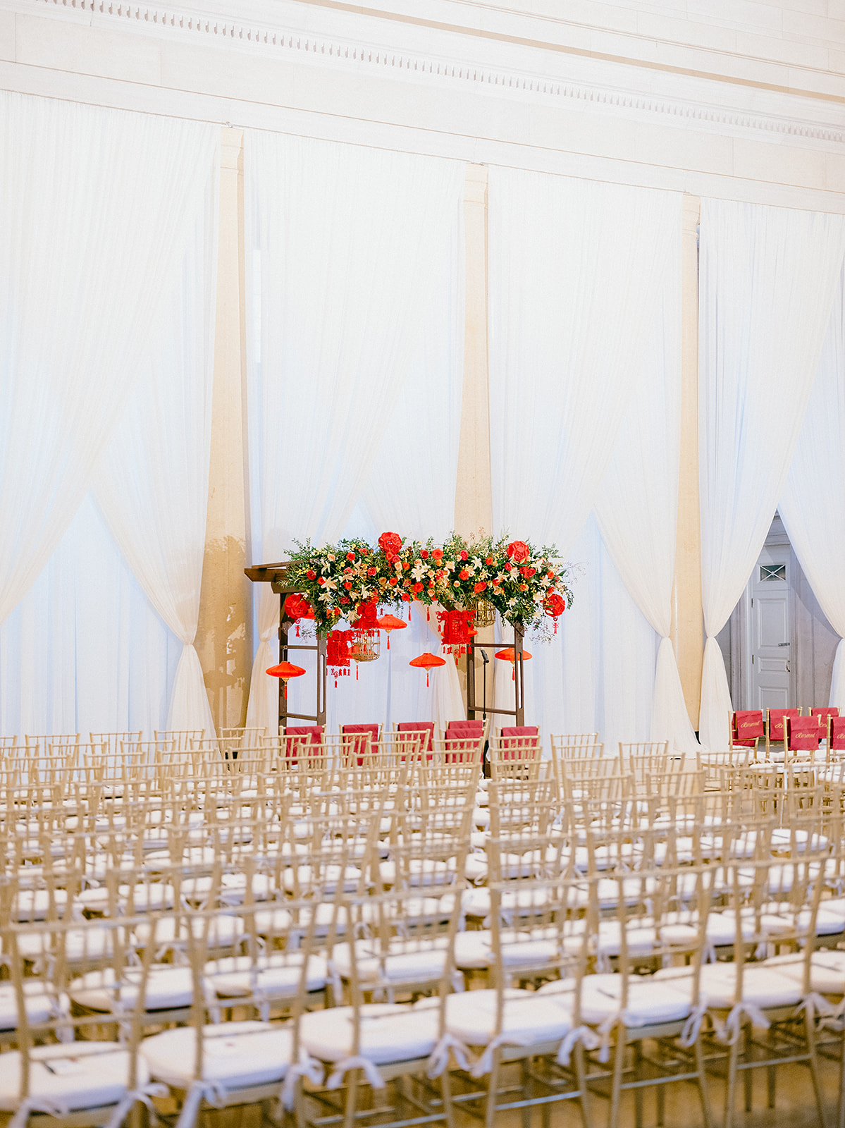 Fall wedding ceremony installation at Hall of Springs in Saratoga Springs